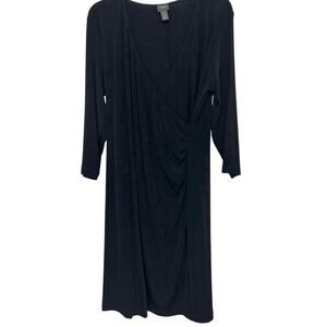 Chico’s Travelers Black Faux Wrap Ruched Midi Dress 3/4 Sleeve Stretch L Classic
